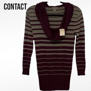 NWT Contact STRIPED COWL NECK KNIT SWEATER Women’s XL BURGUNDY GRAY